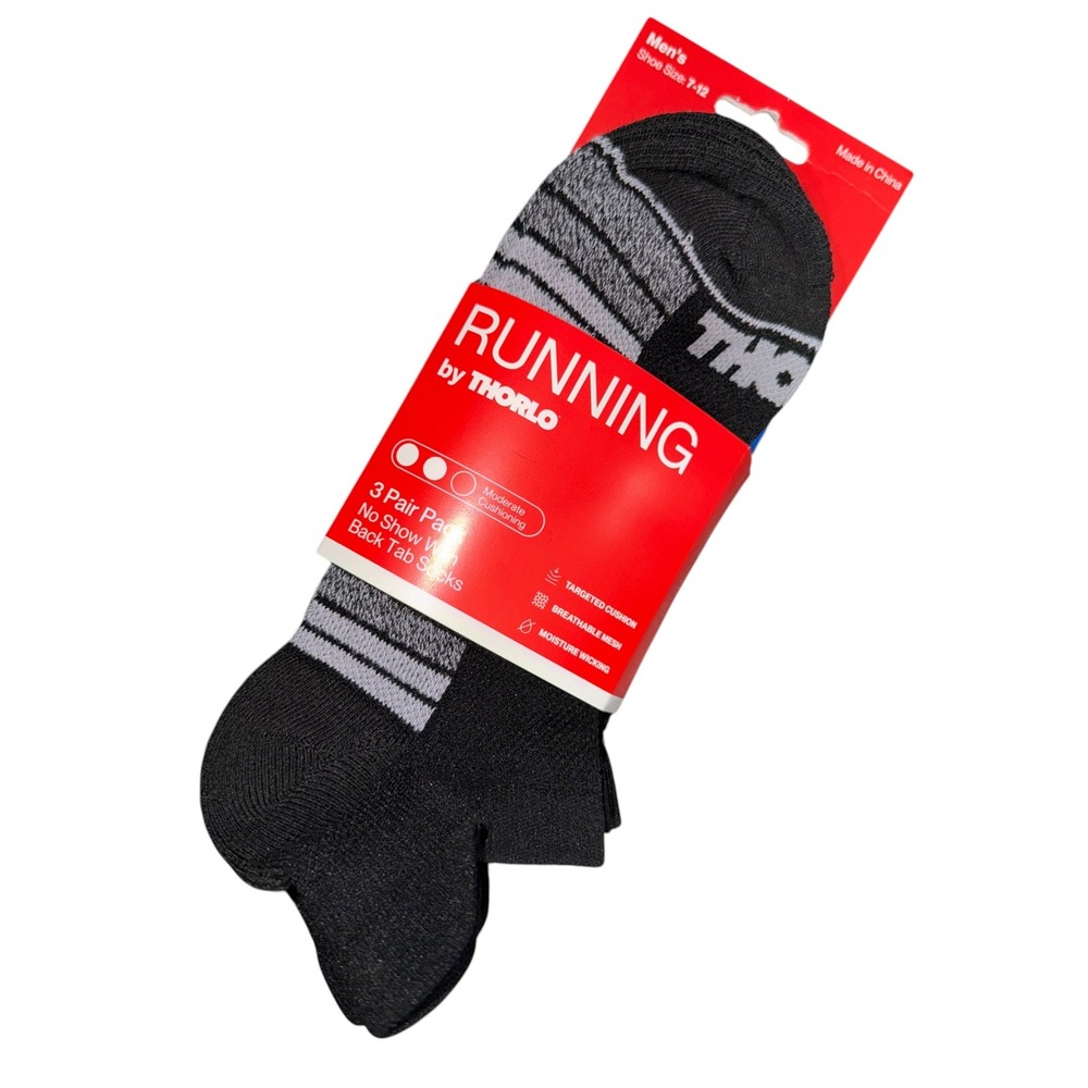 Thorlo Running Men No Show Back Tab Socks 3 Pair Pack Black Grey Size 7-12